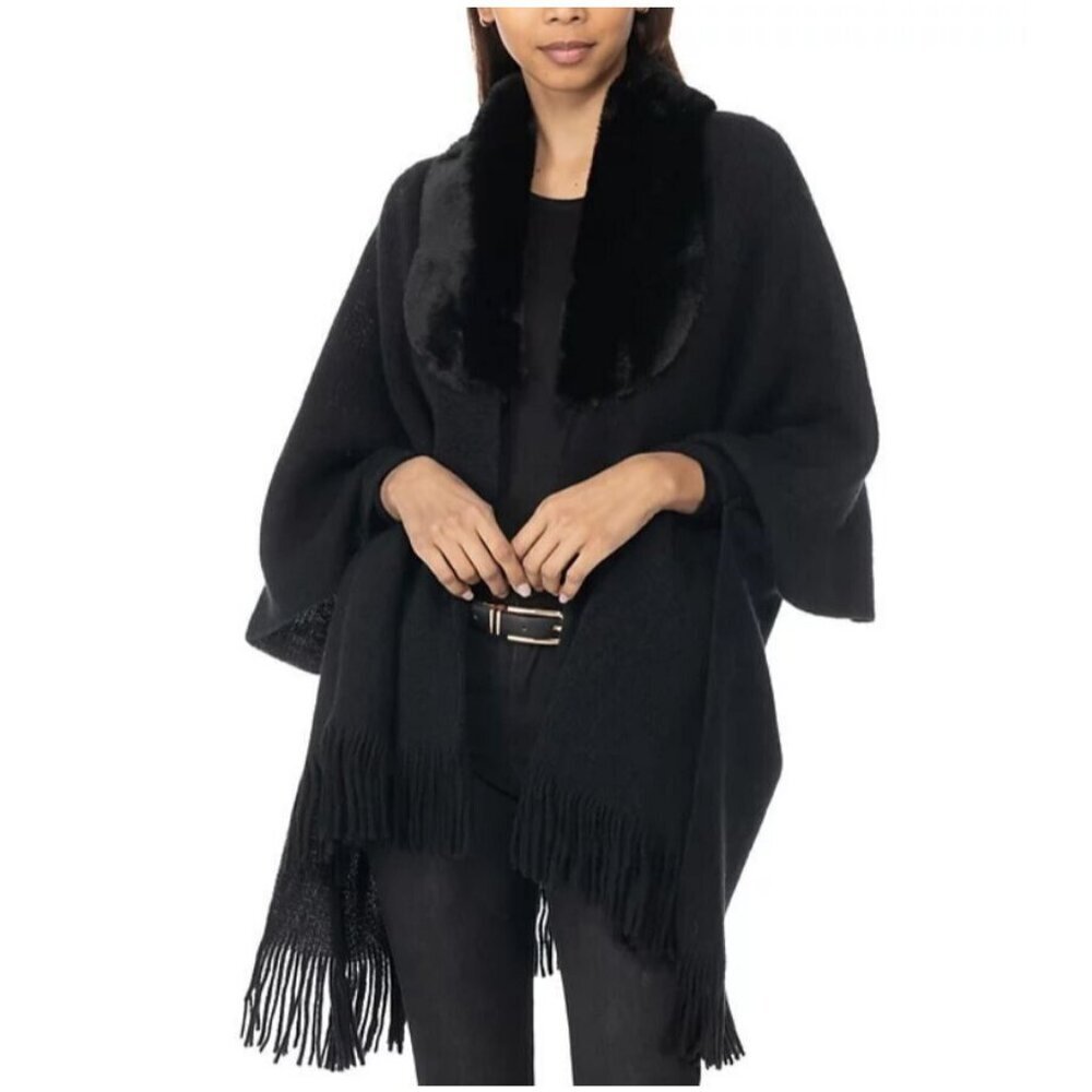 INC Inter. Concepts faux-fur trim fringe open front ruana poncho topper - Black